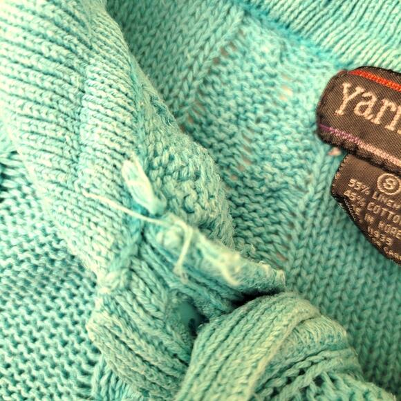 Vtg Yarnworks Teal Fold‑Over Collar Short‑Sleeve Linen/Cotton Sweater S Retro - Picture 5 of 8
